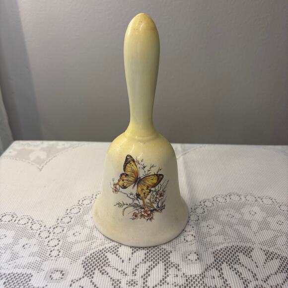 Vintage Butterfly Meadow Bell Collectible 80s Yellow Cottage Decor Porcelain - Picture 1 of 4